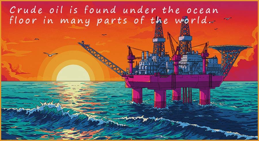 An oil rig drilling for oil at sea.